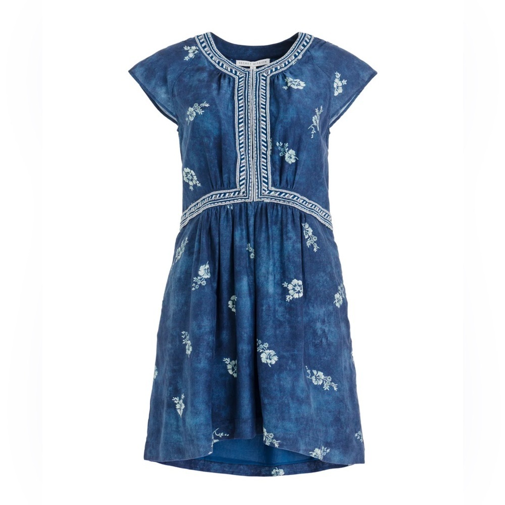 Secret Mission Blue Embroidered Organic Cotton Dress Boho Floral Mini Summer - Picture 3 of 4